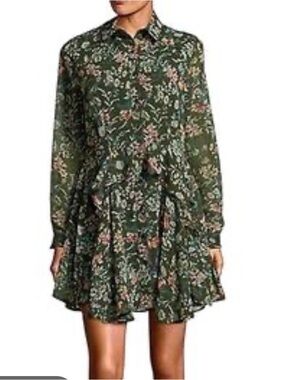 NWT Design Lab Lord & Taylor Green Floral Button Front Dress w Tiered Skirt (M)